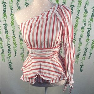 Parker Red and White Striped Asymmetrical Blouse D3